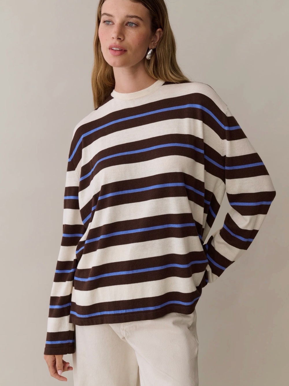 CAARA Mariah Sweater 
Striped Crewneck Knit Top in Cream, Brown & Blue